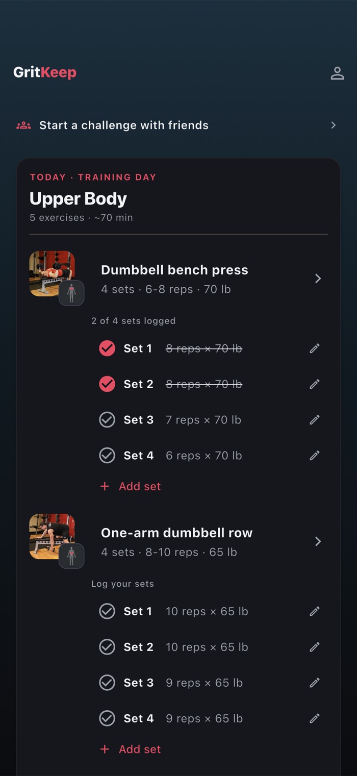The GritKeep Today screen on iPhone, showing the day's session with each exercise, its sets and target weights.