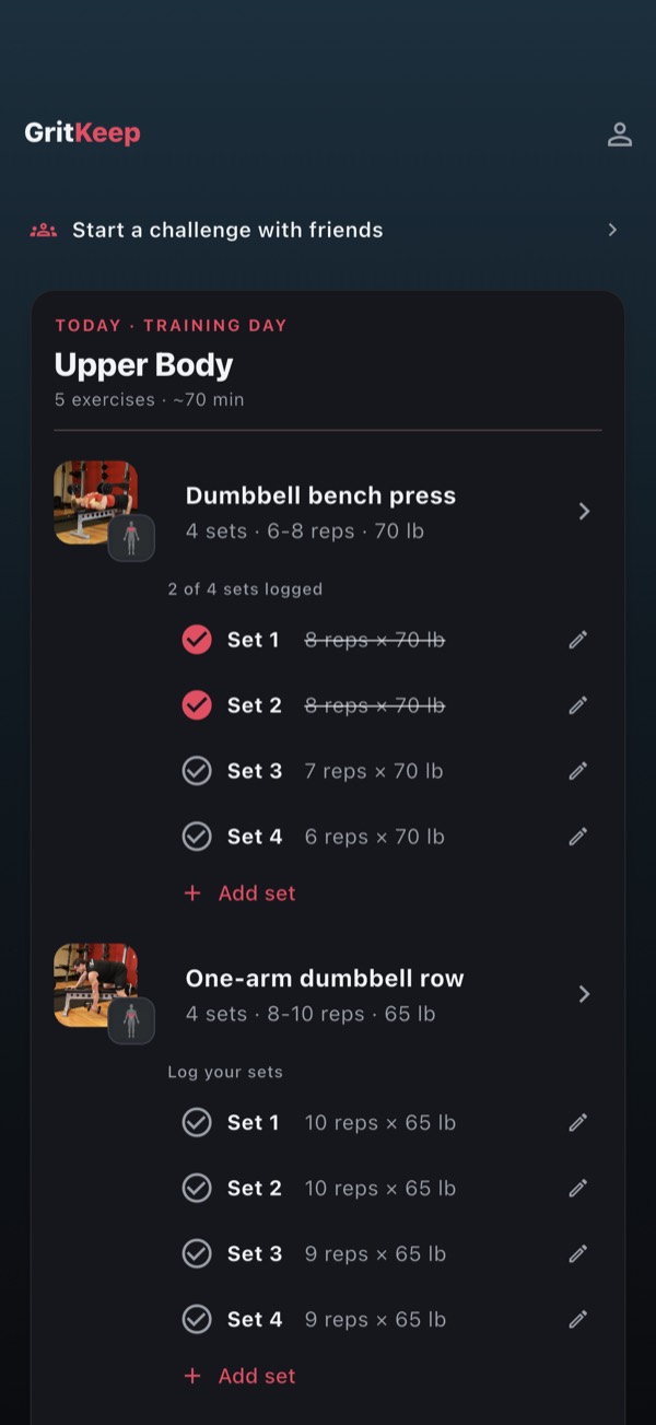 The Today screen showing an Upper Body session: five exercises, about seventy minutes, with dumbbell bench press at four sets of six to eight reps at 70 lb and two of four sets already logged.