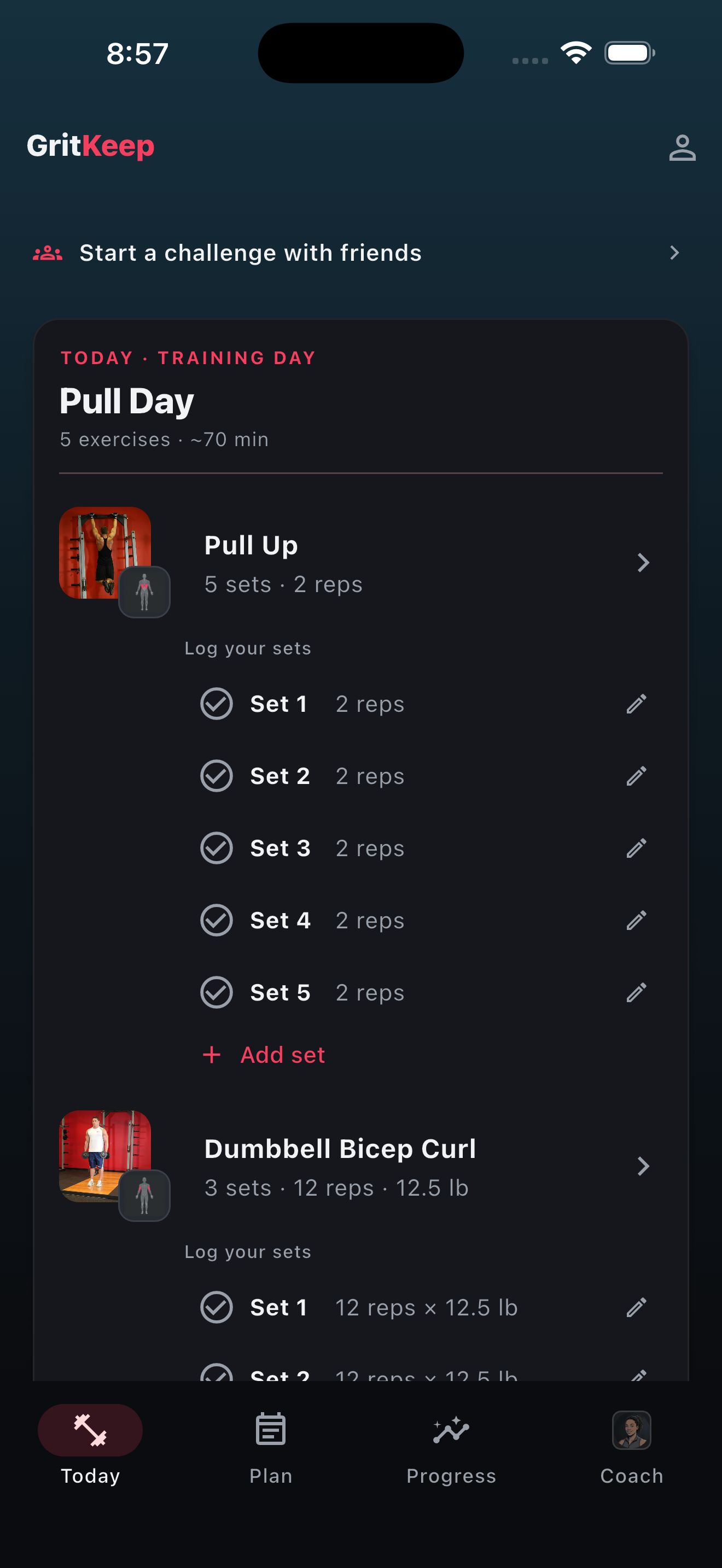 The GritKeep Today screen on iPhone, showing the day's session with each exercise, its sets and target weights.